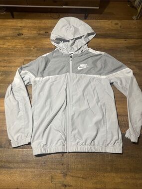 Nike White and Light Gray Hooded Windbreaker Jacket - Youth / Size Large